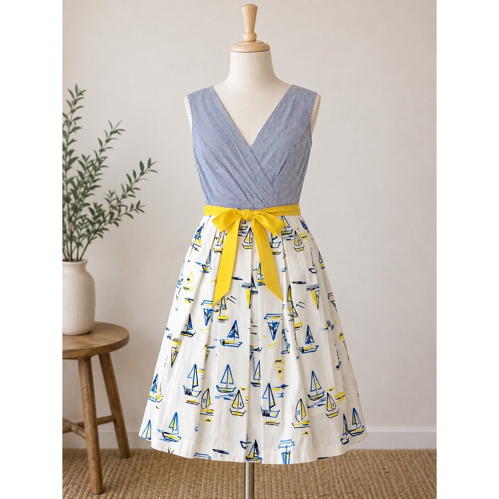 Chetta B Womens Blue White Striped Sailboat Print Fit Flare Dress Yellow Sash 8